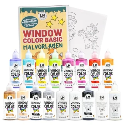 Abbildung von LM Window Color Set (17 x 80 ml Basic inkl. Konturfarbe &amp; Malvorlagen) Abziehbare Fenstermalfarbe/Stickerfarbe auf Wasserbasis für Glatte Oberflächen wie Glas, Spiegel Fliesen