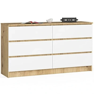 Abbildung von AKORD Kommode K 140 mit 6 (2 x 3) Schubladen für das Wohnzimmer Schlafzimmer Schrank Büro Arbeitszimmer Modernes Funktionales Design B138 H77 T40 cm, Gewicht 51kg Artisan &amp; Weißeiche Front