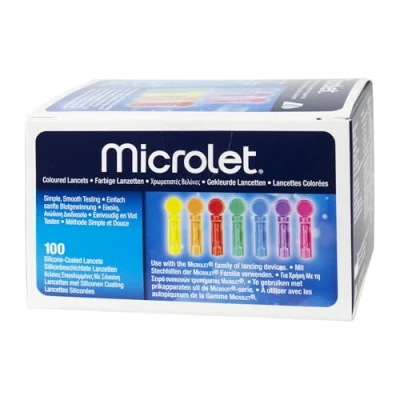 Abbildung von Lanzetten Microlet bunt, Spar Set, farbige und sterile Lanzetten, 100 tlg., schmerzarme Blutgewinnung