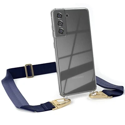 Abbildung von EAZY CASE Hülle mit Band kompatibel Samsung Galaxy S21 FE 5G Handyhülle Umhängeband für Silikonhülle Transparent Schutzhülle Handykette zum Umhängen Handykordel in Blau Gold