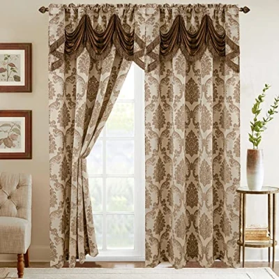 Abbildung von Elegant Comfort Jacquard Look Vorhang Set mit angenähtem Wasserfall Volant, (2 Stück), 137 x 213 cm, Beige/Braun