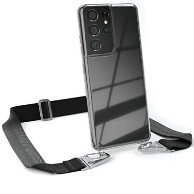 Abbildung von EAZY CASE Hülle mit Band kompatibel Samsung Galaxy S21 Ultra 5G Handyhülle Umhängeband für Silikonhülle Transparent Schutzhülle Handykette zum Umhängen Handykordel Schwarz