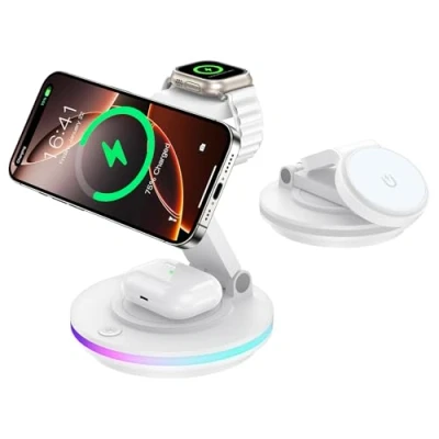 Abbildung von Mag Safe Ladegerät, 3 in 1 Ladestation für Apple Watch und iPhone, faltbar, drehbar mit Lichteinstellung, Wireless Charger Ladeständer iPhone 16/15/14, AirPods (Ohne Adapter) Weiß