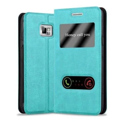 Abbildung von Cadorabo Hülle kompatibel mit Samsung Galaxy S2 / Plus Sichtfenster aus Kunst Leder Flip Klappbare Magnetische [Kartenfächern] Cover für Tasche in Türkis