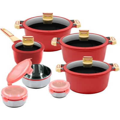 Abbildung von KING Topf Set &quot;GOURMET&quot;, Aluminiumguss, (Set, 14 tlg., je 1 Kochtopf 18/20/24 cm, Stieltopf 16 Schüssel Set), Deckel Silikonrand,Antihaft Beschichtung,Induktion