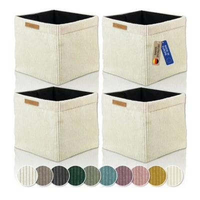 Abbildung von Lycce Kallax Boxen Cordstoff 4er Set faltbare Aufbewahrungsboxen 33 x H31 cm mit abnehmbarem Cordbezug waschbar Ordnungsboxen passend für Ikea Regal vanille