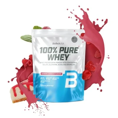 Abbildung von BioTechUSA 100% Pure Whey Proteinpulver mit BCAA und Glutamin Glutenfrei, Palmölfrei 21g Protein pro Portion, 1 kg, Himbeere Käsekuchen