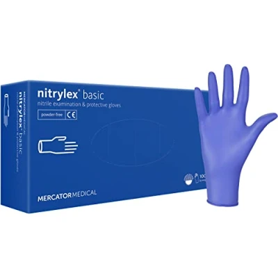 Abbildung von Nitrylex Basic Einweg Nitrilhandschuhe, schützende Untersuchungshandschuhe, puderfrei, unsteril, Blau, Größe XL (9 10), beidhändig tragbar, strukturierte Fingerkuppe, dispenser box 100 Stk