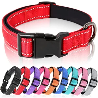 Abbildung von HEELE Hundehalsband, Hundehalsband aus Nylon, Reflektierend Halsband Hund mit Weich Neopren Gepolstert für Welpen Kleine Mittel Große Hunde Läng Einstellbereich 34 52 cm, Rot, M