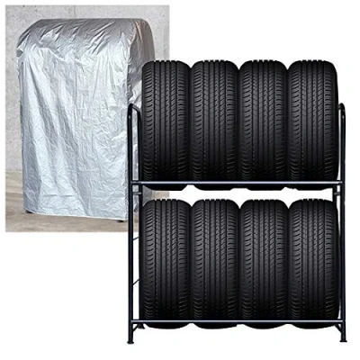 Abbildung von AufuN Reifenregal Reifenständer für 8 Reifen, Lagerregal Schwerlastregal Werkstattregal in Zwei Schichtenn, Schwarz Pulverbeschichtet Rostschutz mit Schutzhülle, Tragkraft 180KG, 107x46x117 cm