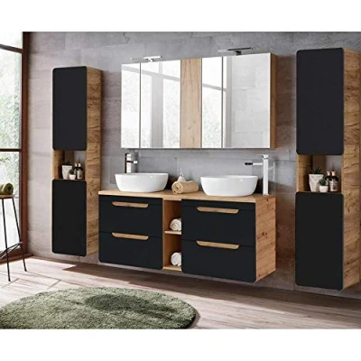 Abbildung von Lomadox Badmöbel Komplett Set seidenmatt anthrazit mit Wotan Eiche Nb., 140 cm Waschtisch Unterschrank 2 Keramik Waschbecken, LED Spiegelschrank, Hochschränke