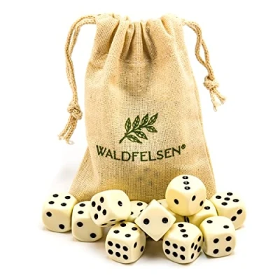 Abbildung von Waldfelsen 6, 12, 20, 30 oder 50 hochqualitative Würfel Standardgröße 16 mm Acrylwürfel Knobel Spielwürfel Dice 6 seitig sechsseitig Spielzubehör Set mit Stoffbeutel (Elfenbeinfarben, 12 Stück)