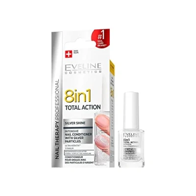 Abbildung von Eveline Cosmetics 8in1 Total Action konzentriertes Nagelpflegemittel mit Silberpartikeln 12 ml Restaurative Behandlung Einfache Anwendung