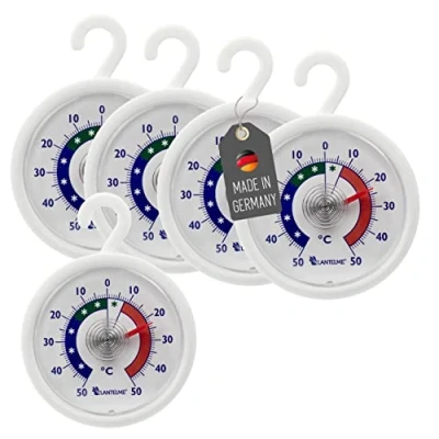 Abbildung von Lantelme 5 Stück Kühlschrank Thermometer Set mit Haken zum aufhängen auch für Gefrierschrank Gefriertruhe Kühltheke Weinschrank Analog Kühlschrankthermometer