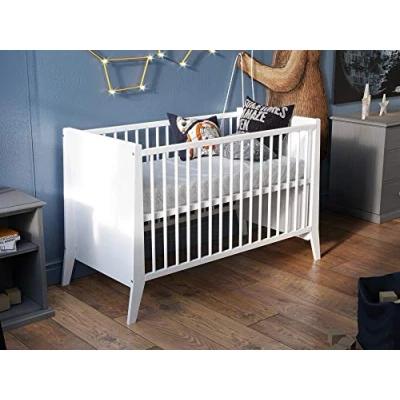 Abbildung von Babybett,Gitterbett,Kinderbett aus Holz 120 x 60 cm mit Sicherheitsbarriere,weiß,3 Stufen der Höhenverstellung