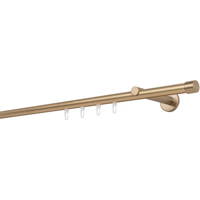 Abbildung von ondeco Gardinenstange auf Maß Innenlauf 20mm Cap 1 lauf Vorhangstange Wandträger 12cm Stilgarnitur Gleiter für Vorhänge Messing Matt 190cm