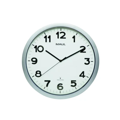 Abbildung von Maul Wanduhr MAULstep Ø 40 cm Funk mit automatischer Zeiteinstellung Moderne Funkuhr für Büro und Küche Große guter Lesbarkeit in großen Räumen Silber
