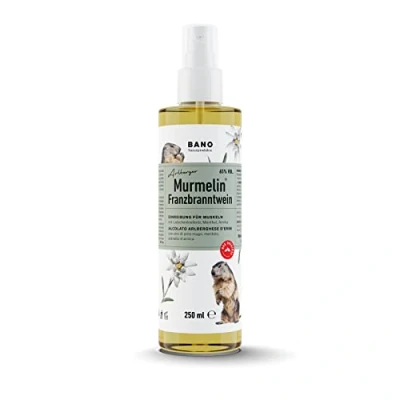 Abbildung von BANO Tiroler Murmelin Franzbranntwein 250ml, Ideal vor und nach Sport, sowie bei Muskelkater, zum Kühlen schwerer Beine, enthält 65% vol. Alkohol, echtes Latschenkieferöl, Menthol Arnikaextrakt