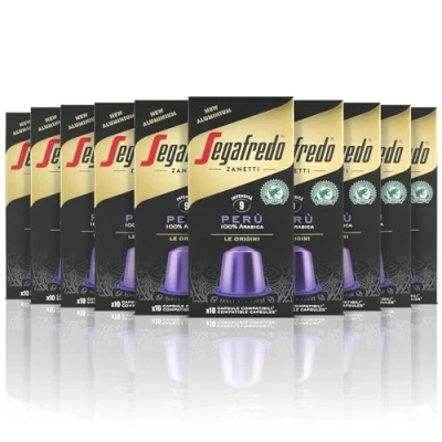 Abbildung von Segafredo Zanetti 100 Aluminiumkapseln kompatibel mit Nespresso®* Prozent Perù Kaffee, reich und samtig im Geschmack (10 Boxen je 10 Kapseln) Geeignet für Nespresso Original Maschinen
