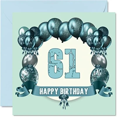 Abbildung von Lustige Geburtstagskarte zum 61. Geburtstag für Männer Geburtstagsballons Happy Birthday Karte Vater, Tante, Onkel, Nanny, Cousin, Großvater, Großmutter, Oma, 145 mm x Grußkarten,