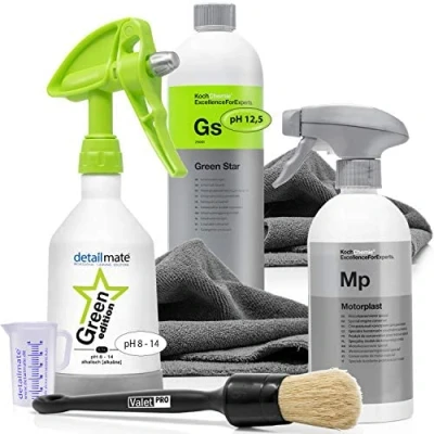 Abbildung von detailmate Auto Motor Reinigungs Set Koch Chemie Green Star Motorplast Universalreiniger (8 St. Pinsel Sprühflasche Mikrofasertuch Motorwäsche)