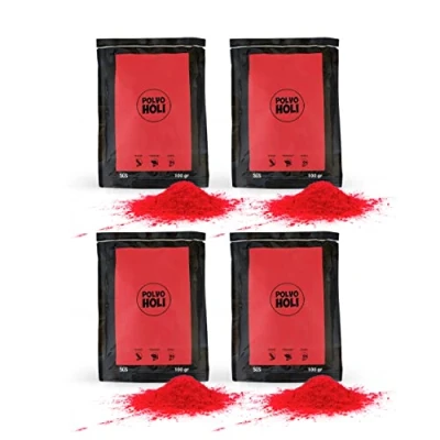 Abbildung von POLVO Holi Packung mit 4 Pulverbeuteln à 100 Gramm (400 g Pulver) (Rot)