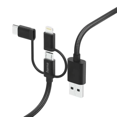 Abbildung von Hama 3 in 1 Micro USB Adapter, C/Lightning (Nylon, 3A, 480Mbit/s, Bruchschutz, 1,5m Kabel) schwarz