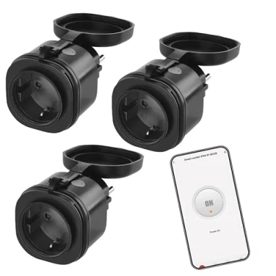 Abbildung von EMOS GoSmart ZigBee Outdoor Steckdose 16A, 3 Stück, 2,4GHz Smart mit Timer und Stromzähler, IP44, manuell oder App gesteuert, kompatibel Amazon Alexa, Google Assistant, schwarz