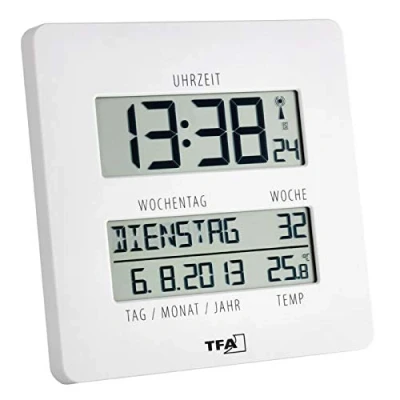 Abbildung von TFA Dostmann 60.4509 &quot;Time Line Funk Wanduhr mit Temperatur und Wochentagsanzeige (Weiss Batterien)