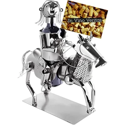 Abbildung von BRUBAKER Weinflaschenhalter Reiterin Metall Skulptur Flaschenständer 43 cm Metallfigur Wein Geschenk für Pferde Mädchen und Reitsport Fans mit Grußkarte