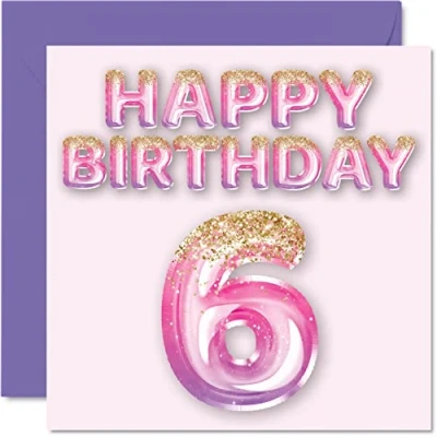 Abbildung von Geburtstagskarte zum 6. Geburtstag für Mädchen rosa und lila Glitzerballons Happy Karten 6 Jahre altes Tochter Schwester Enkelin Cousin 145 mm Sechster Grußkarten Geschenk