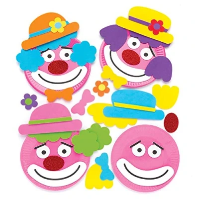 Abbildung von Baker Ross Teller Bastelsets „Clowns“ (4 Stück) für Kinder mit Papierteller und selbstklebenden Moosgummiteilen, Sortiert