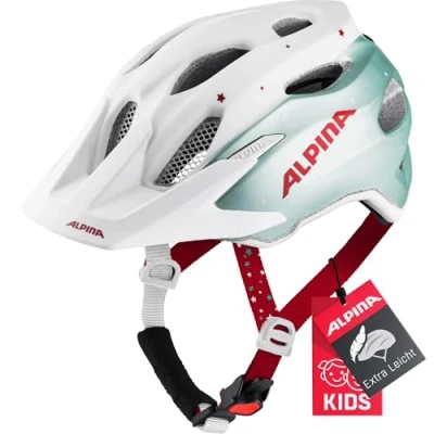 Abbildung von Alpina Carapax JR. Leichter, Robuster &amp; Sicherer Fahrradhelm Mit Fliegennetz Optionalen LED Licht Für Kinder, Pistachio Cherry matt, 51 56 cm