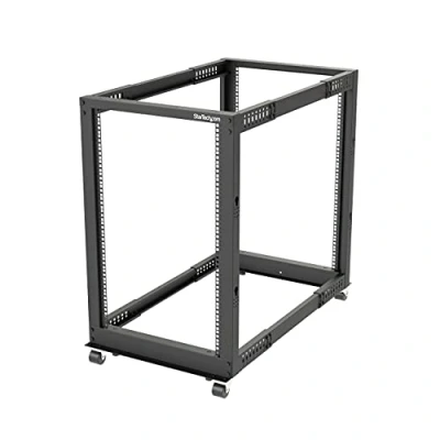 Abbildung von StarTech.com 4 Pfosten 18 HE Mobiles Open Frame Serverrack, 19 Zoll Netzwerk Rack mit Rädern, für Computer/AV/Daten/IT Geräte Rollen, Nivellierfüße oder Bodenmontage (4POSTRACK18U)