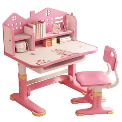 Abbildung von zomebar Kleiner Schreibtisch, Stehpult, Schreibtischstuhl Set, verbreiterter Schreibtisch Multi Separation Cartoon Muster Set Kinder höhenverstellbarer Studiertisch (Rosa &amp; weiß)