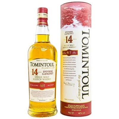 Abbildung von Tomintoul Single Malt Scotch Whisky 14 Jahre gereift Reifung in ehemaligen Bourbon und Sherry Fässern 46% vol. 700 ml
