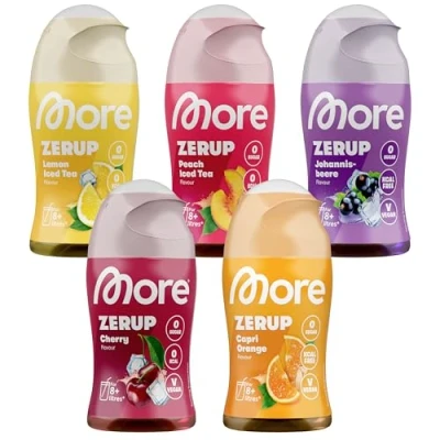 Abbildung von MORE Zerup, mixed 5er Bundle, 5 x 65 ml, verschiedene Sorten, für bis zu 40 l Fertiggetränk, zuckerfreier Sirup mit echten Fruchtextrakten, vegan, zero Kalorien (Sorten können variieren)