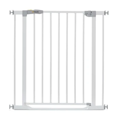 Abbildung von Hauck Treppenschutzgitter / Türschutzgitter Clear Step Gate, für Breiten 75 80 cm, Ultra Flache Schwelle, ohne Bohren, Einhändiges Öffnen, Beidseitig Schwenkbar, Metall, Weiß