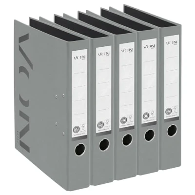 Abbildung von VON Leitz 5er Pack Ordner A4, 100 % Recyclingpapier, 50 mm Rückenbreite, Für 350 Blatt, Blauer Engel &amp; FSC zertifiziert, Schule, Studium Haushalt, Grau, 10580085