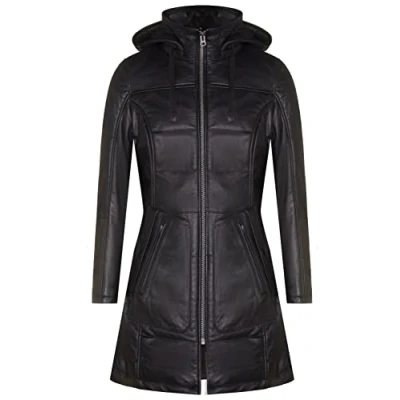Abbildung von Infinity Leather Damen Puffer Steppjacke aus Schwarzem Leder Mit Kapuze L