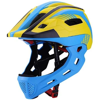 Abbildung von QYTK Fahrradhelm Kinder mit Abnehmbarem Kinnschutz Jungen/Mädchen Fahrrad Integralhelm Downhill Helm Skateboard Rollerblading Inlineskaten Kinderfahrradhelm Licht (52 56CM) (Blau Schwarz Gelb)