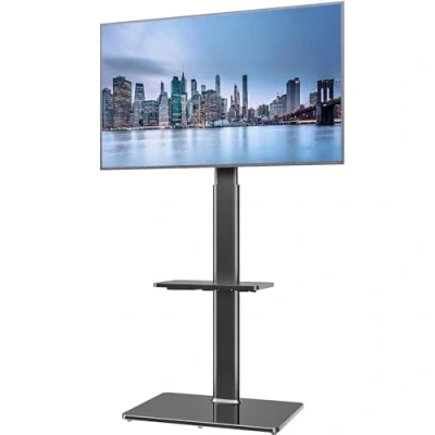 Abbildung von TV Standfuß Ständer Bodenständer Fernsehstand Fernsehtisch mit Halterung höhenverstellbar für 19 bis 42 Zoll LED LCD Bildschirm, 2 Regale schwarz HT2001BP