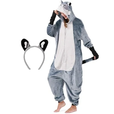 Abbildung von Corimori Partyanzug Flauschiges Waschbär Kostüm mit Haarreif, Jumpsuit, Pyjama, Fasching, Kigurumi, Tierkostüme, Lina