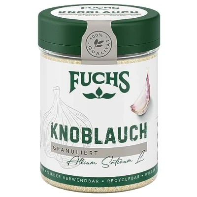 Abbildung von Fuchs Gewürze Knoblauch granuliert würzig zwiebliger Geschmack für Tzatziki, Knoblauchbutter oder Gemüsegerichte natürliche Zutaten 85 g in wiederverwendbarer, recyclebarer Dose