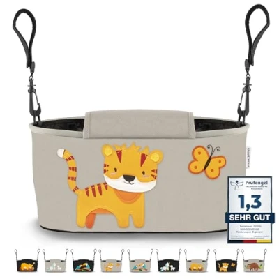 Abbildung von GRINSEZWERGE Kinderwagen Organizer 12 Motive mit Feuchttuchspender I Tasche verschließbar Kinder Buggy Kinderwagentasche Aufbewahrungstasche Baby Stroller Bag grau Tiger