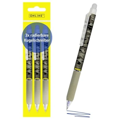 Abbildung von Online magiXX, 3x Radierstift Camouflage I Gelschreiber blau radierbar mit 0,7mm Strichstärke Tintenroller zum Schreibenlernen, Büro Erasable Pen Set Radierbarer Kugelschreiber Schüler