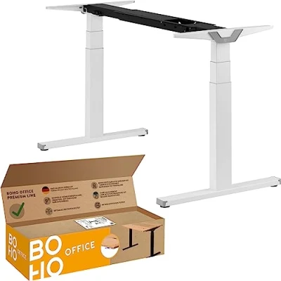 Abbildung von boho office® Höhenverstellbarer Schreibtisch Gestell Made in Germany, Elektrisch stufenlos, 2 laufruhige Motoren, 3 Fach Teleskop, Kollisionsschutz Premium Line Weiß mit Wippschalter
