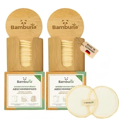 Abbildung von BAMBUNA 2x 18 Stk. wiederverwendbare Wattepads mit Bambusbox und Waschbeutel Abschminkpads waschbar nachhaltige Abschminktücher Make Up Entferner Pads weiche Reinigungspads Made in Germany