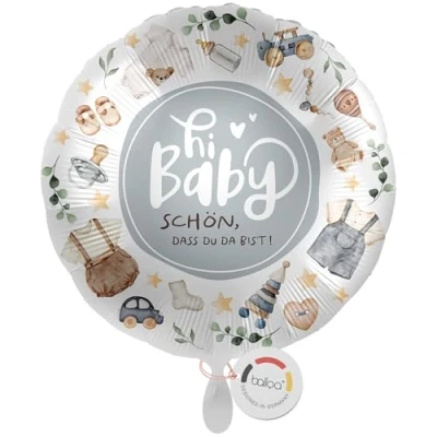 Abbildung von balloa Folienballon XXL rund, Helium Ballon Geburt Junge, Geschenk Baby Babyparty Deko Willkommen Folienballon, Luftballon bedruckt blau, 53cm