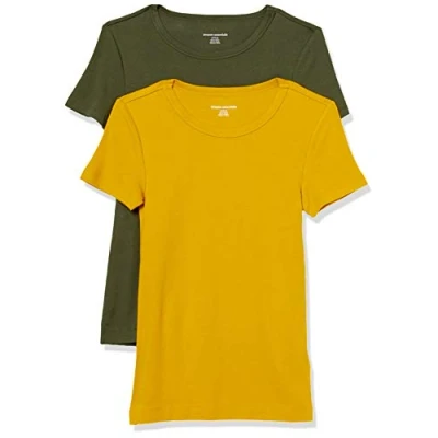 Abbildung von Amazon Essentials Damen Kurzärmeliges T Shirt mit Rundhalsausschnitt, Schmale Passform, 2er Pack, Gold/Olivgrün, XXL